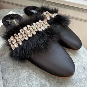 Express (like new) Satin Faux Fur Lined Embellished Slippers | size 9